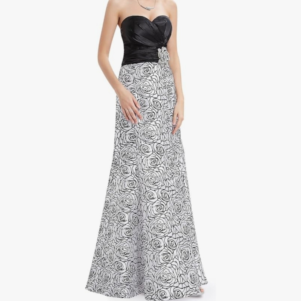 Ever Pretty Strapless Black and White Floral Gown